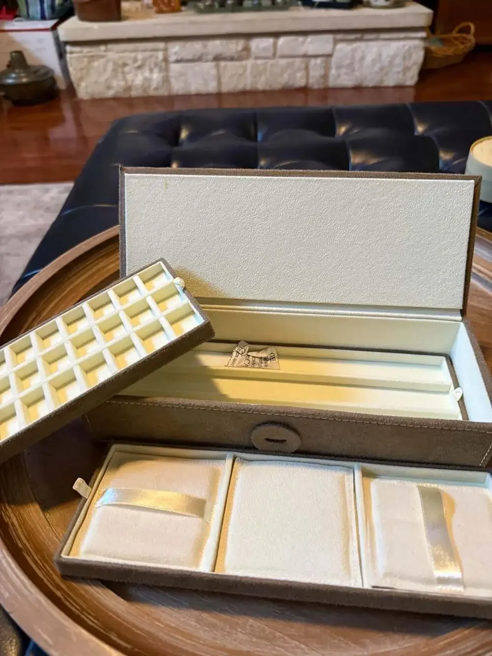 Pandora Brown Suede Jewelry Box with Inserts and Wrap Tie Closure
